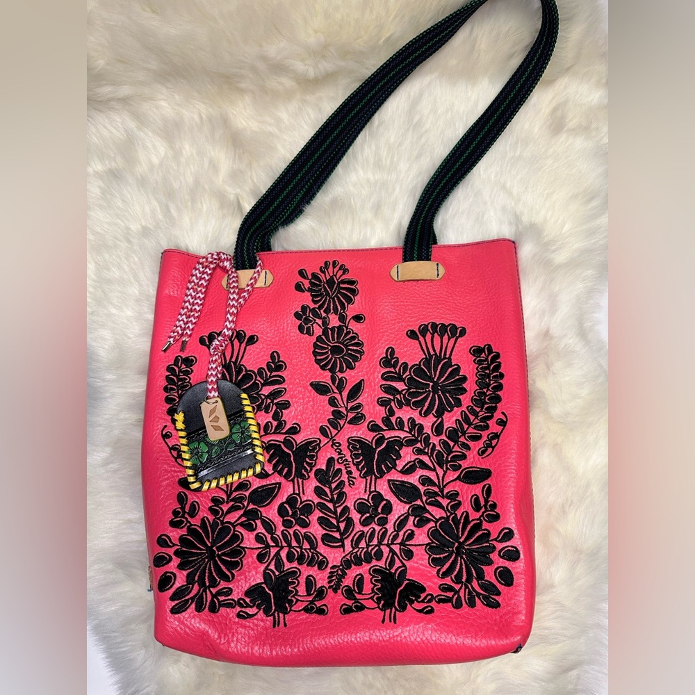 Stylish Hot Pink Floral Tote Bag with Black Embroidery - Picture 2 of 11